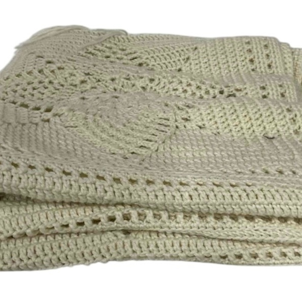 Vintage White Crocheted Afghan Blanket – Handmade Charm – 64” x 46”